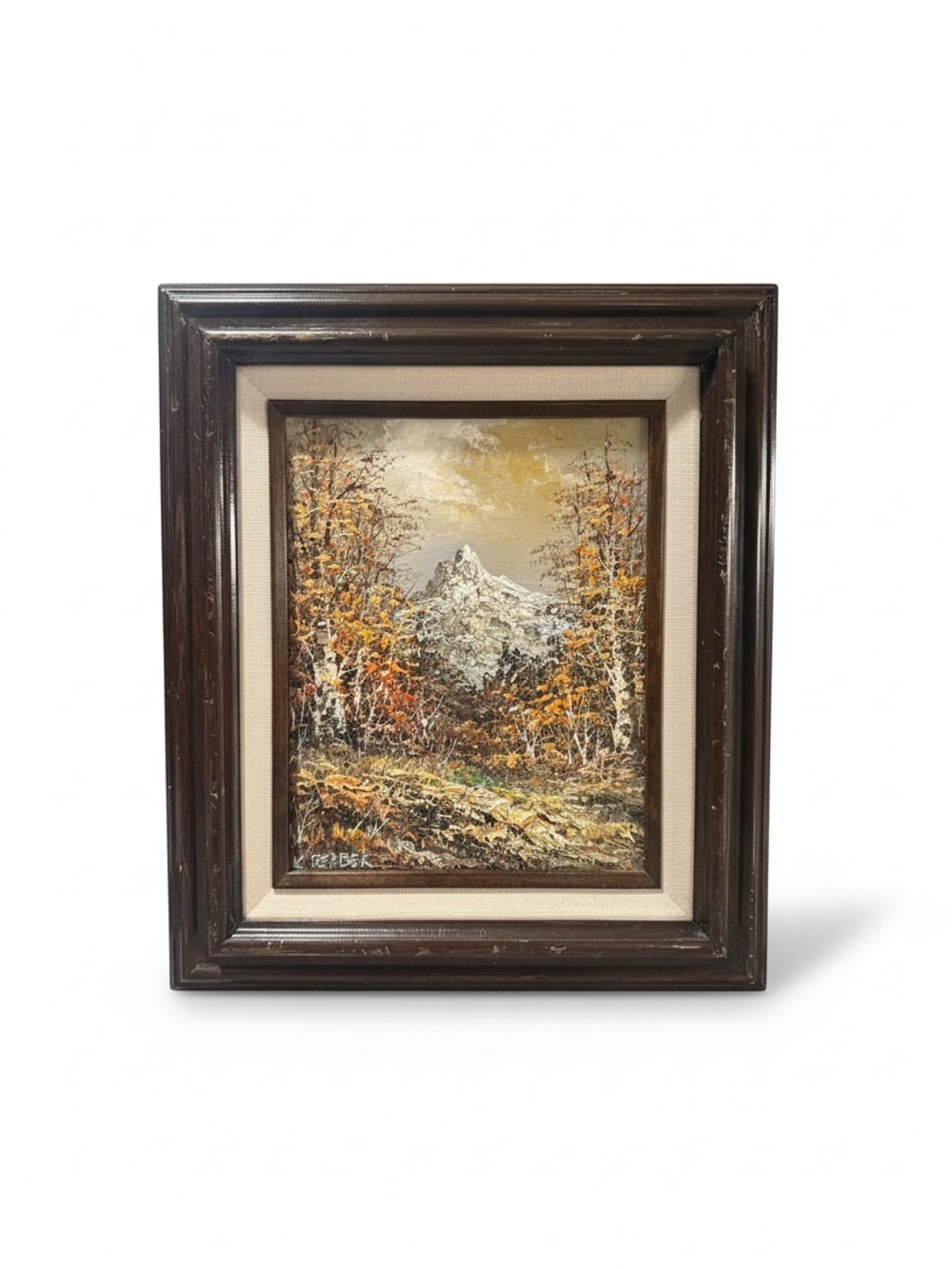 Vintage Framed Autumn Mountain Landscape Oil Painting - Brown Frame